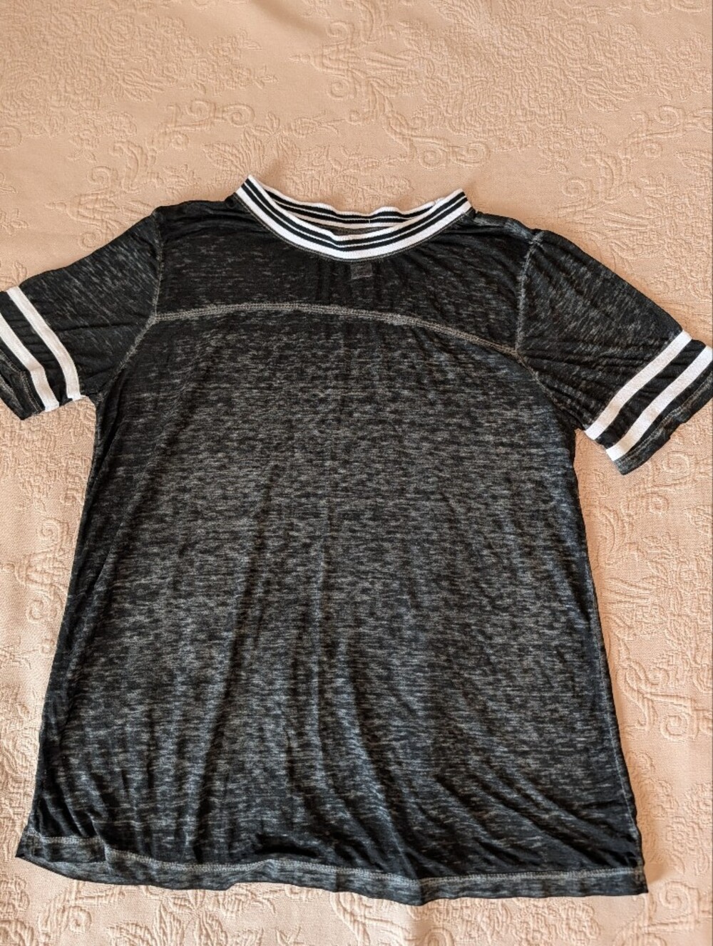just be Heathered Burnout Black Short Sleeve Tee with Striped Trim